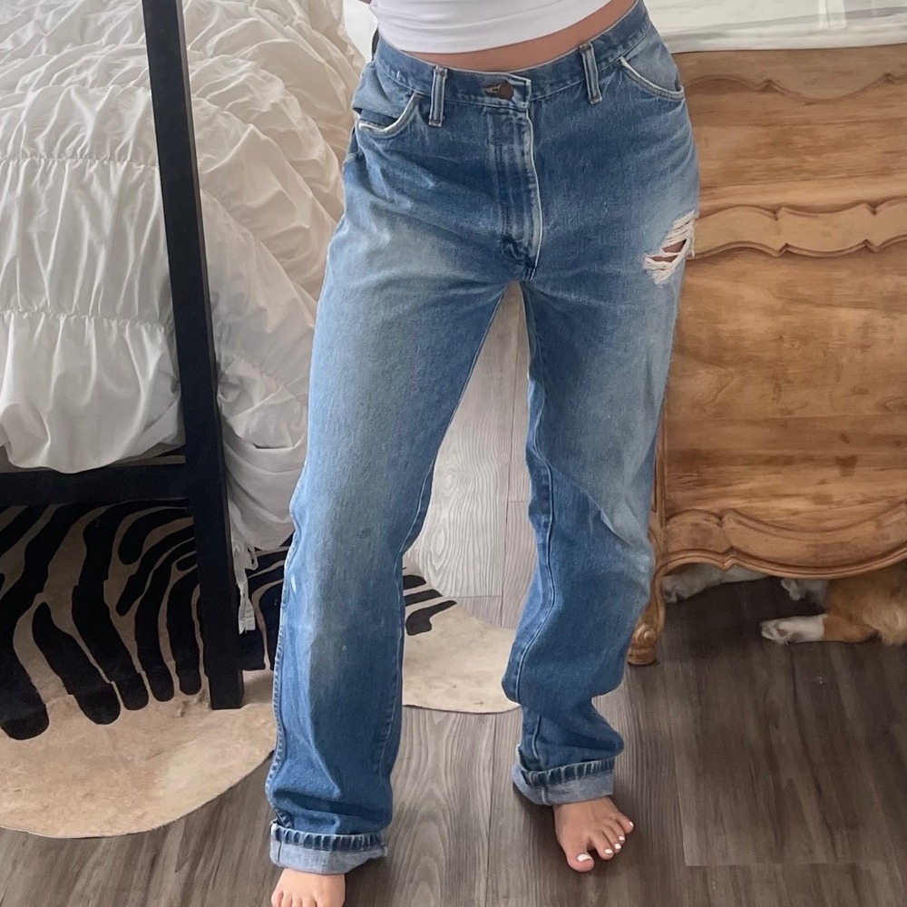 Vintage Rustler Medium Wash Distressed Boyfriend Baggy Fit Jeans